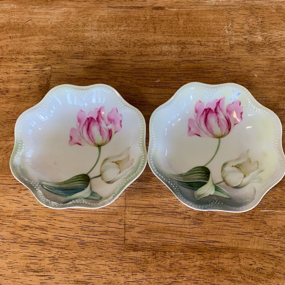 RS Germany Set of 2 Fluted Bowls 5" Green with Pink‎  White Flowers Tulips Vtg